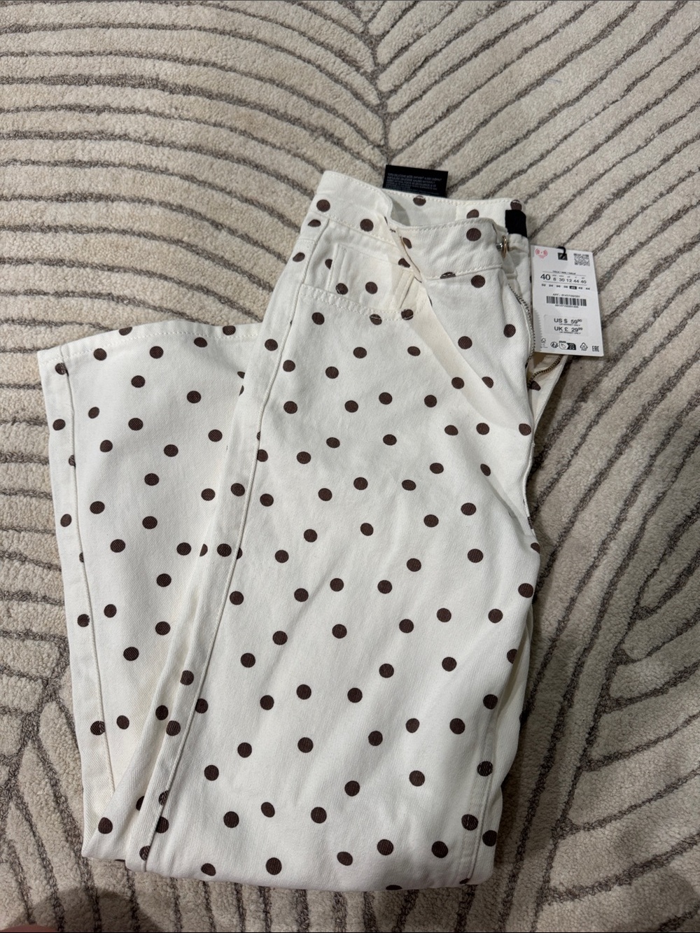 Zara NWT White Polka Dot Jeans with Brown Dots